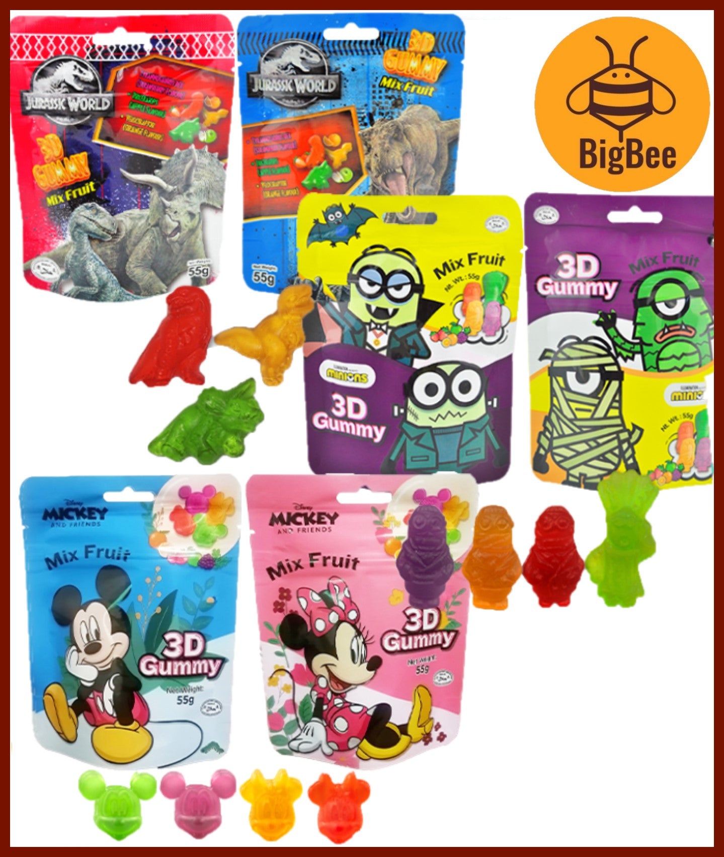 3D Gummy - 55g/pkt Mickey Mouse & Friends / Jurassic World / Minions 3D Gummy Mix Fruit Flavour