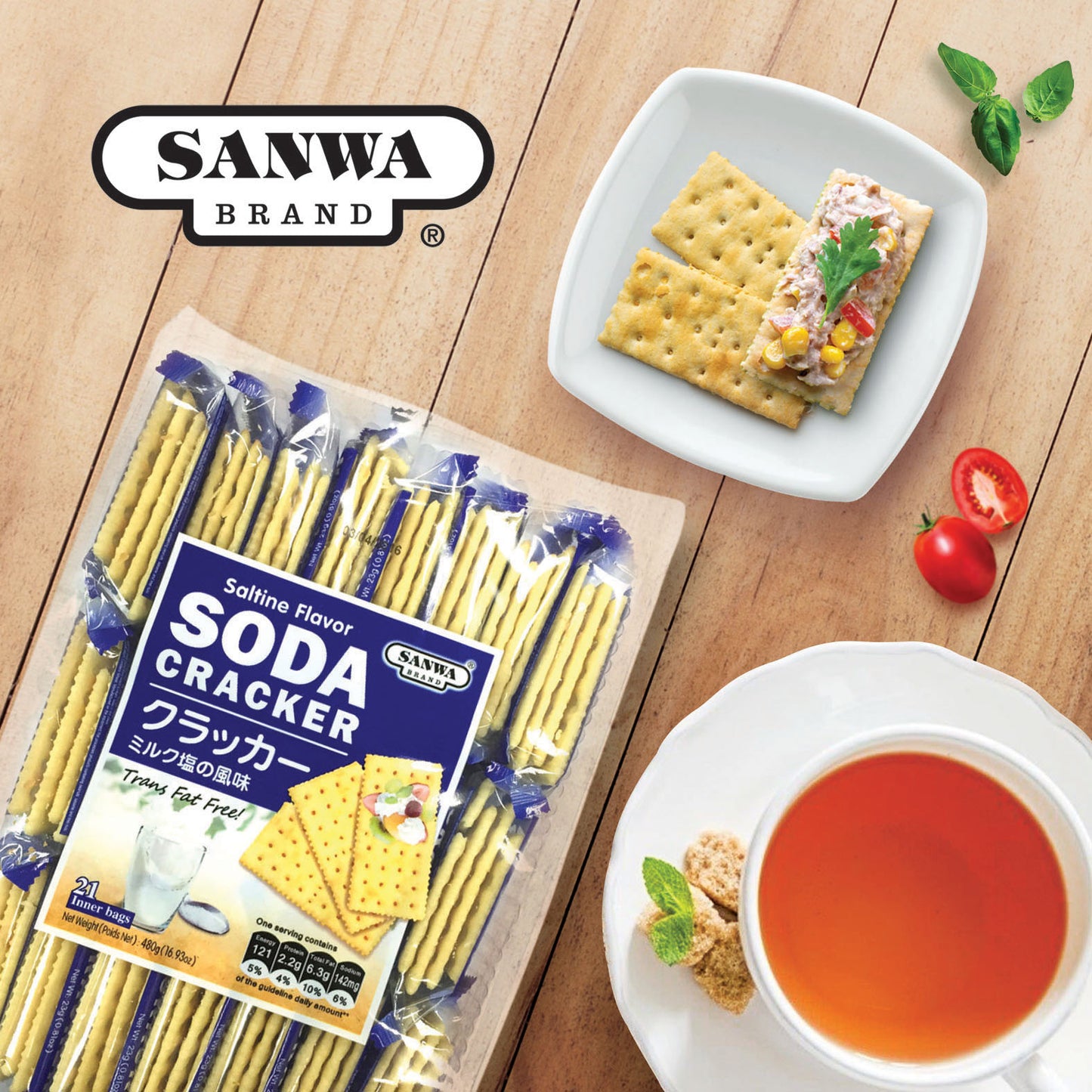 Sanwa Soda Cracker - 480g (21pkts) Saltine / Sesame / Grains / Seaweed / Tomato / Garlic flavor (Halal) Soda Crackers