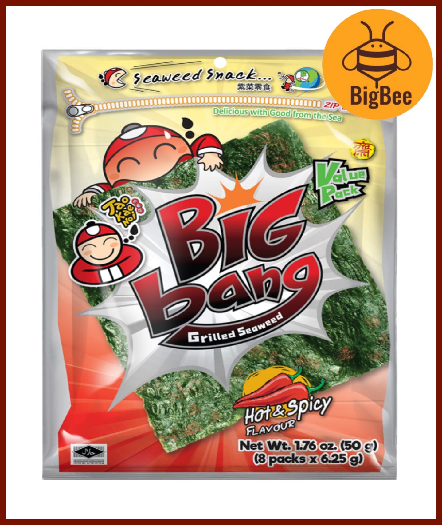 Tao Kae Noi Big Bang - 50g/8Sheets (1pack) Big Bang Seaweed Original / Hot & Spicy / Squid