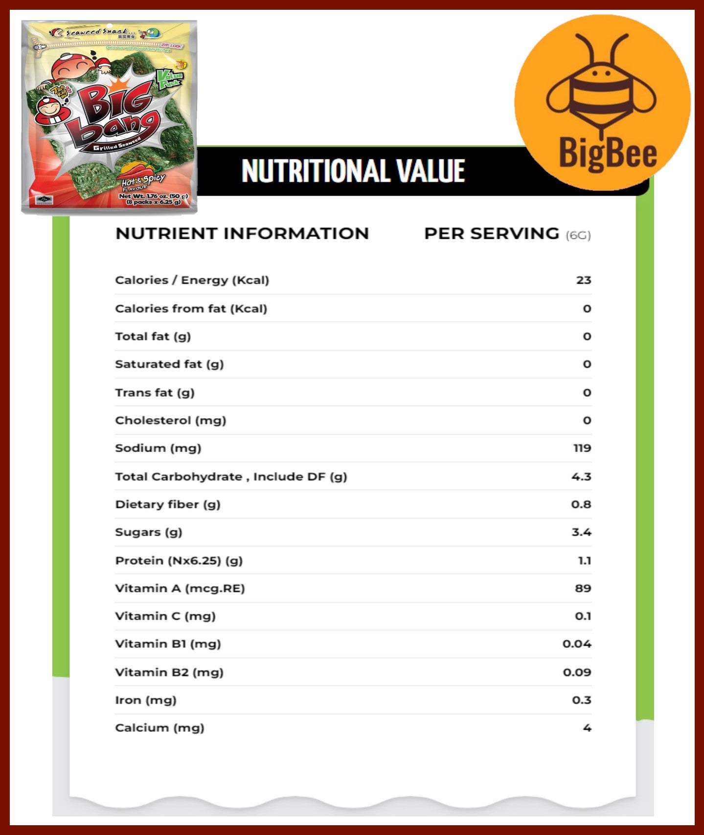 Tao Kae Noi Big Bang - 50g/8Sheets (1pack) Big Bang Seaweed Original / Hot & Spicy / Squid