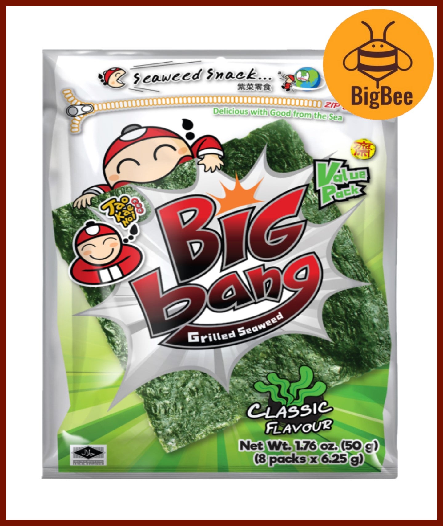 Tao Kae Noi Big Bang - 50g/8Sheets (1pack) Big Bang Seaweed Original / Hot & Spicy / Squid