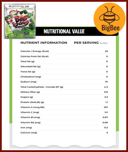 Tao Kae Noi Big Bang - 50g/8Sheets (1pack) Big Bang Seaweed Original / Hot & Spicy / Squid