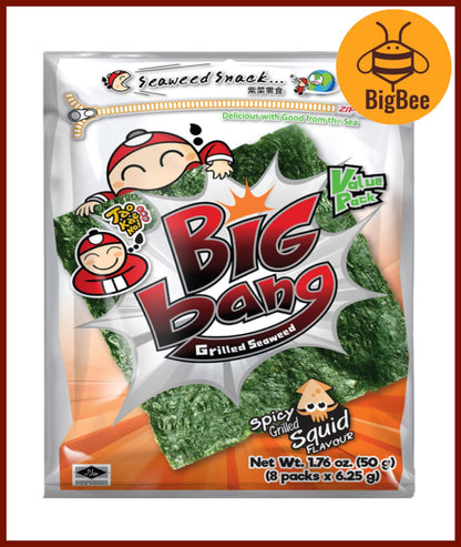 Tao Kae Noi Big Bang - 50g/8Sheets (1pack) Big Bang Seaweed Original / Hot & Spicy / Squid