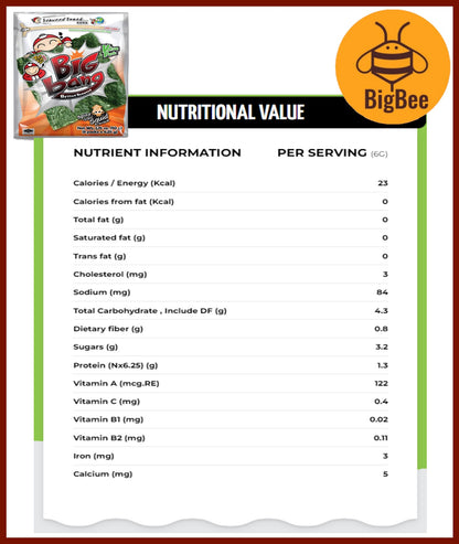 Tao Kae Noi Big Bang - 50g/8Sheets (1pack) Big Bang Seaweed Original / Hot & Spicy / Squid