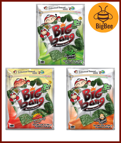 Tao Kae Noi Big Bang - 50g/8Sheets (1pack) Big Bang Seaweed Original / Hot & Spicy / Squid