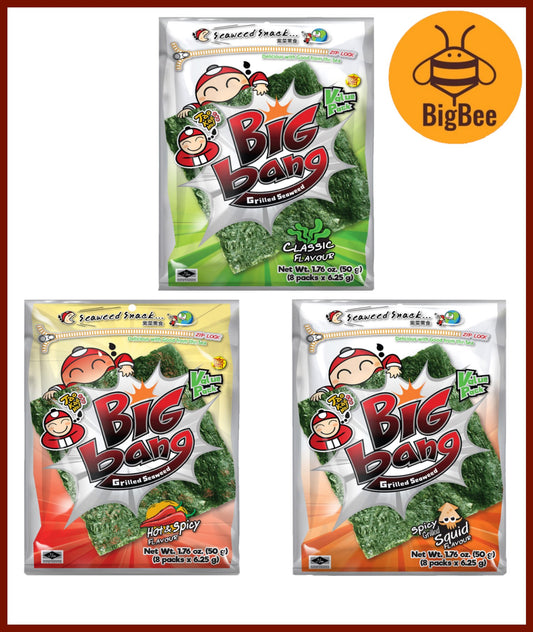 Tao Kae Noi Big Bang - 50g/8Sheets (1pack) Big Bang Seaweed Original / Hot & Spicy / Squid