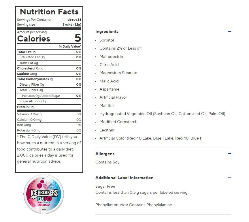 Ice Breakers Mints Candy - 36g / 42g Sugar Free with Flavor Crystals / Duo Cooling Crystals Sours Fruits Sours Berry