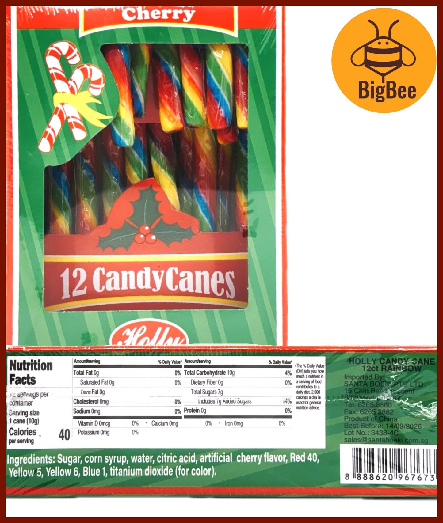 Candy Canes - 12's/box (120g) Red & White Peppermint / Red White & Green Peppermint / Rainbow Cherry Candy Canes X'mas