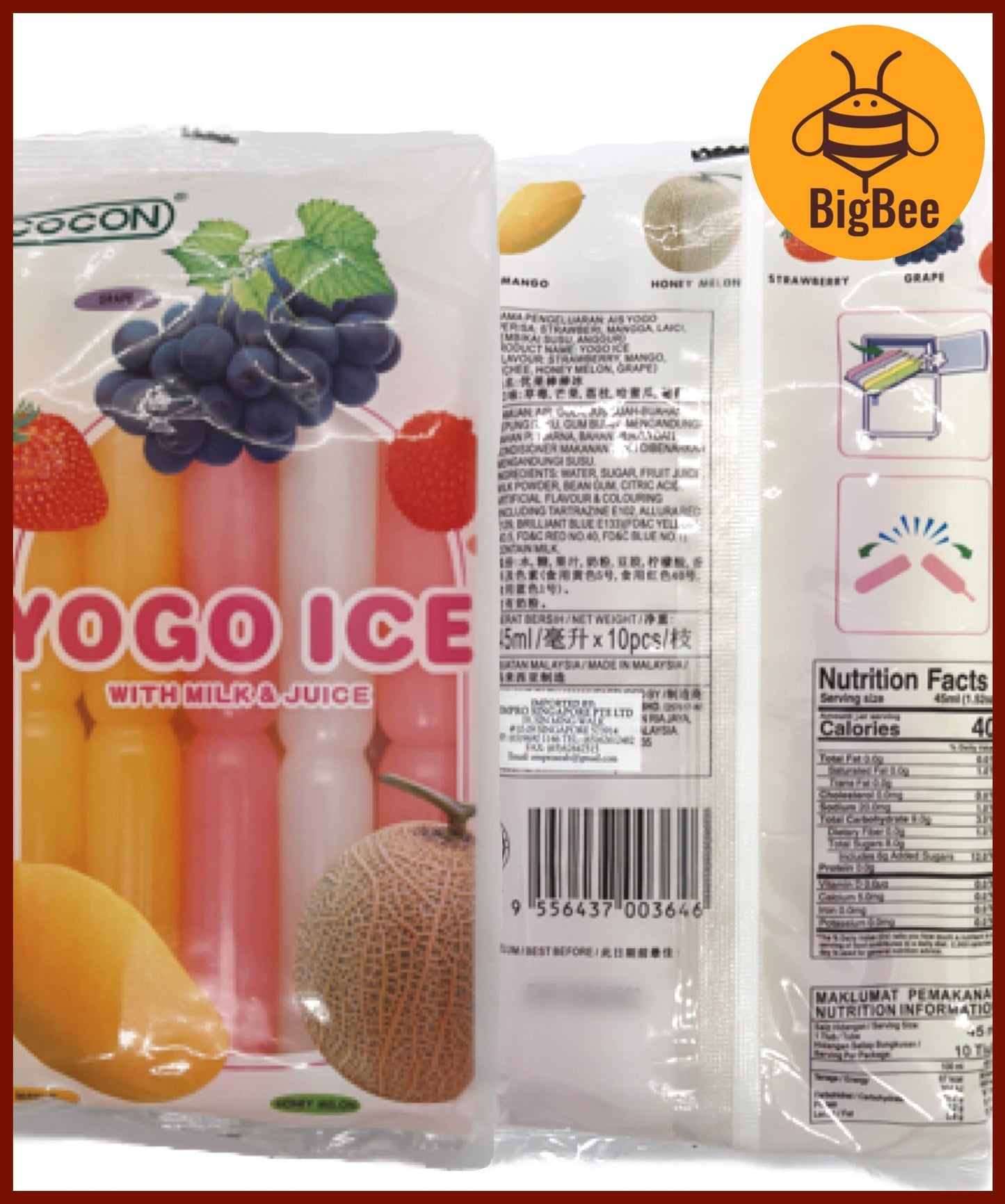 Cocon Yogo Ice - 450ml/pkt(45mlx10tubes)(HALAL) with Milk & Juice Ice Popsicle Strawberry Mango Lychee Honey Melon Grape