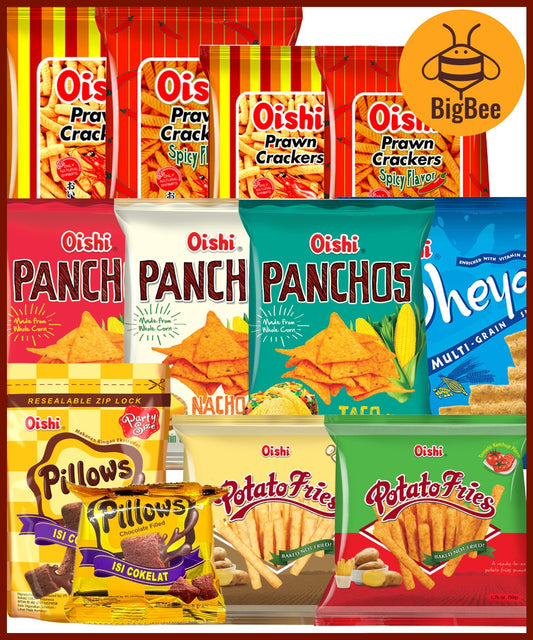 Oishi Pillows Chocolate Filled Crackers, Prawn Crackers, Panchos Nacho Cheese/Taco/BBQ, Oheya! Multi Grain, Potato Fries