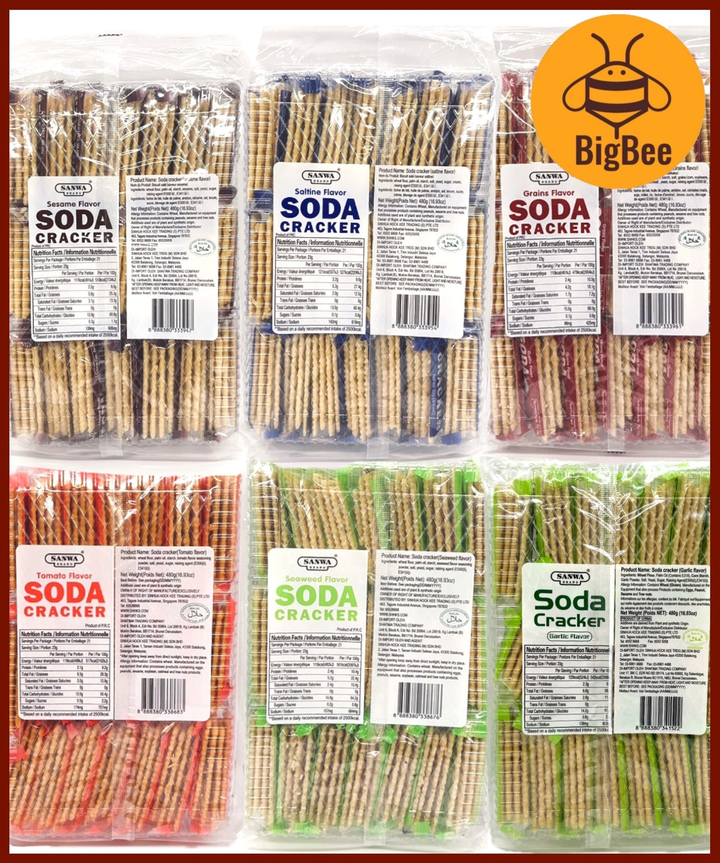 Sanwa Soda Cracker - 480g (21pkts) Saltine / Sesame / Grains / Seaweed / Tomato / Garlic flavor (Halal) Soda Crackers
