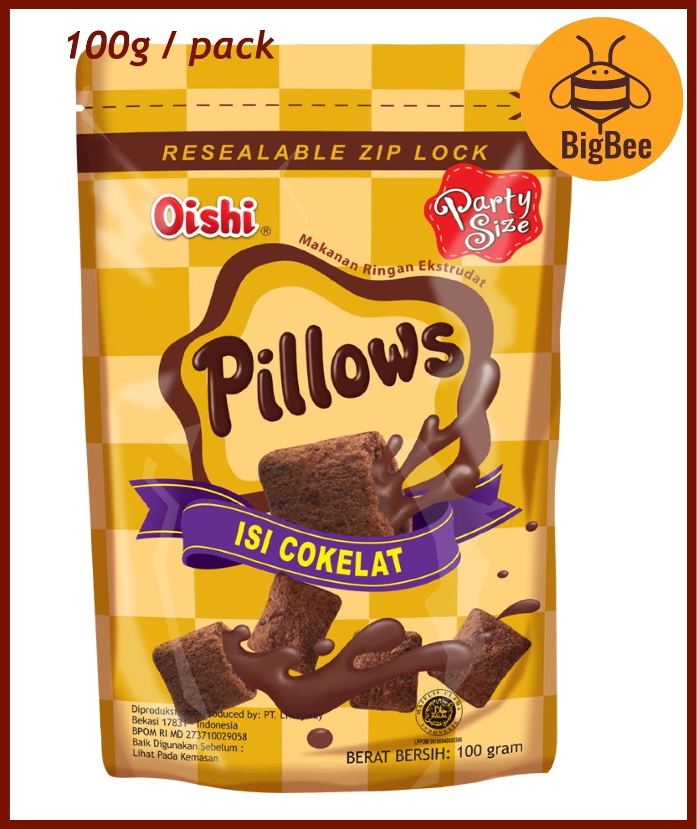 Oishi Pillows Chocolate Filled Crackers - 100g/pack Party Size, 6gx10pkts, 6gx20pkts, 12gx10pkts Family Packs (Halal)