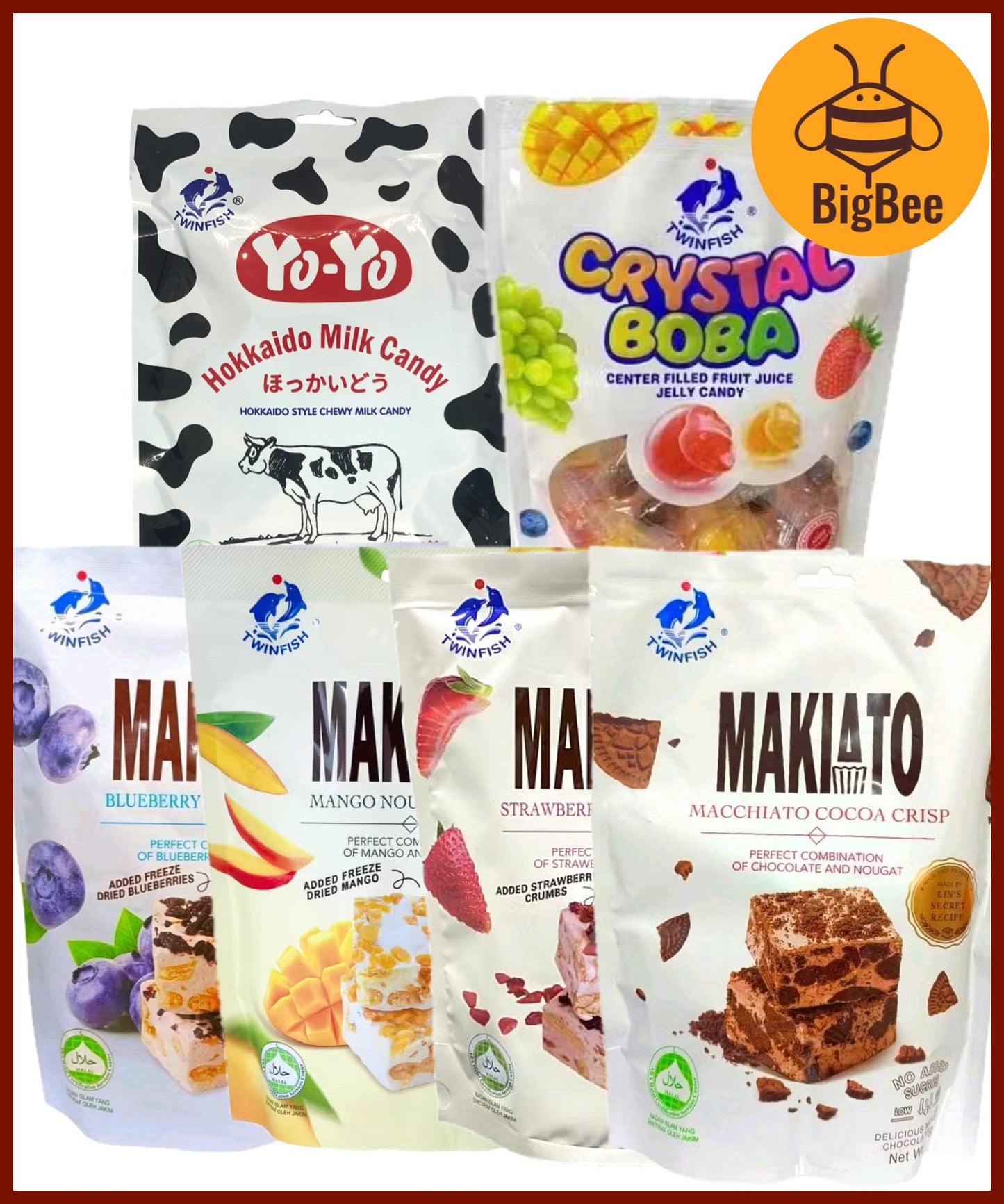 TwinFish - (Halal) 80g/pkt Hokkaido Milk Candy / 150g/pkt Makiato Nougat / 150g/pkt Crystal Boba Candy