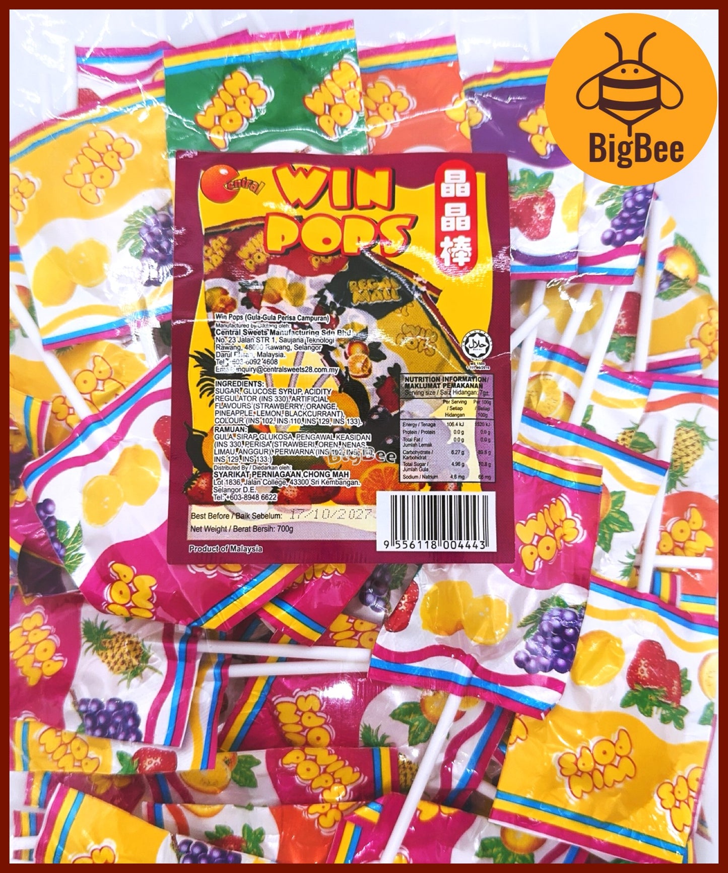Win Pops Lollipop - 7g~ x 10pcs Assorted Flavours Strawberry Orange Pineapple Lemon Blackcurrant 晶晶棒 棒棒糖