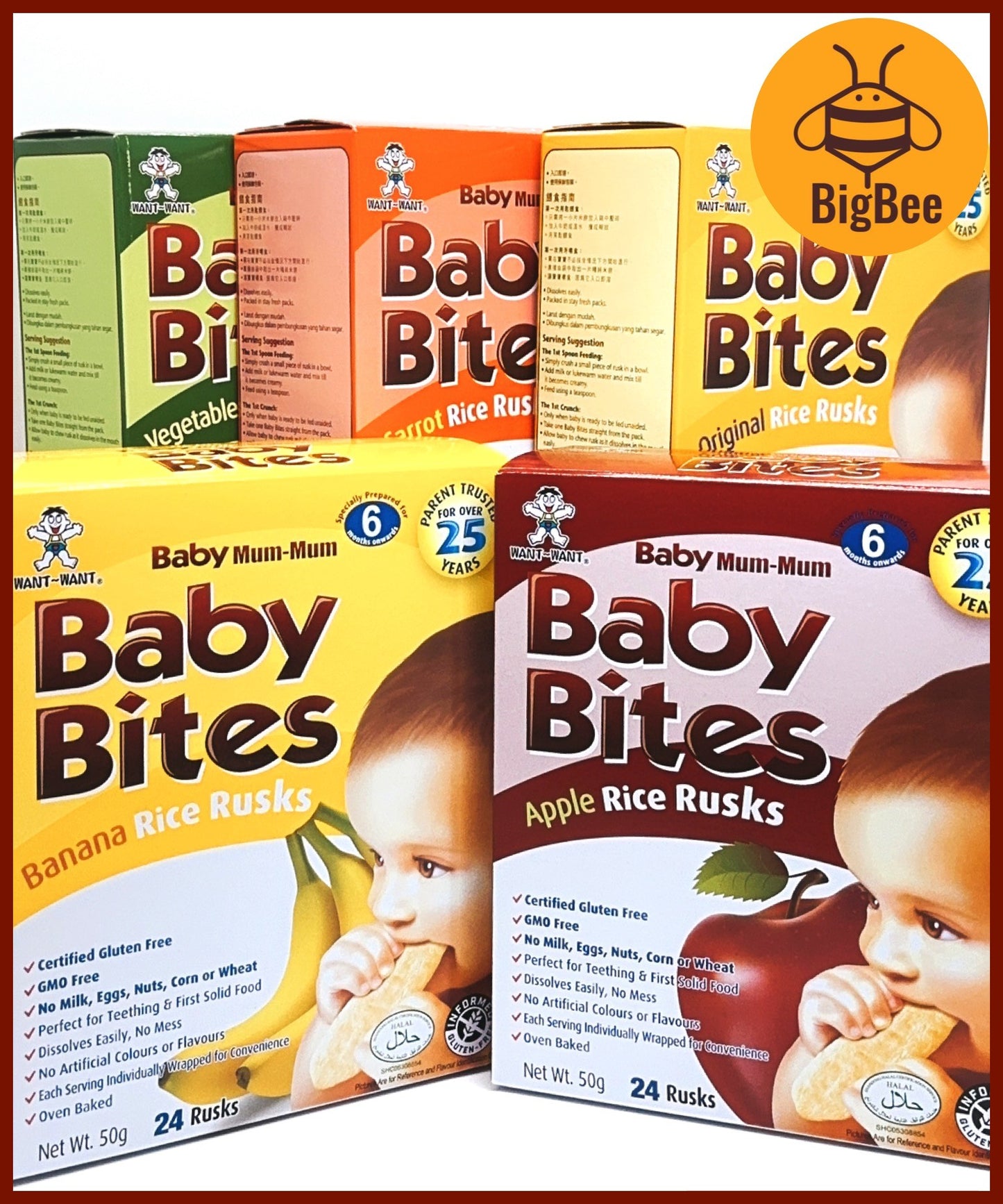 Baby Bites Rice Rusks - 50g/box (Halal) Original, Apple, Banana, Carrot, Vegetable, Baby Food, Want Want Baby Mum-Mum