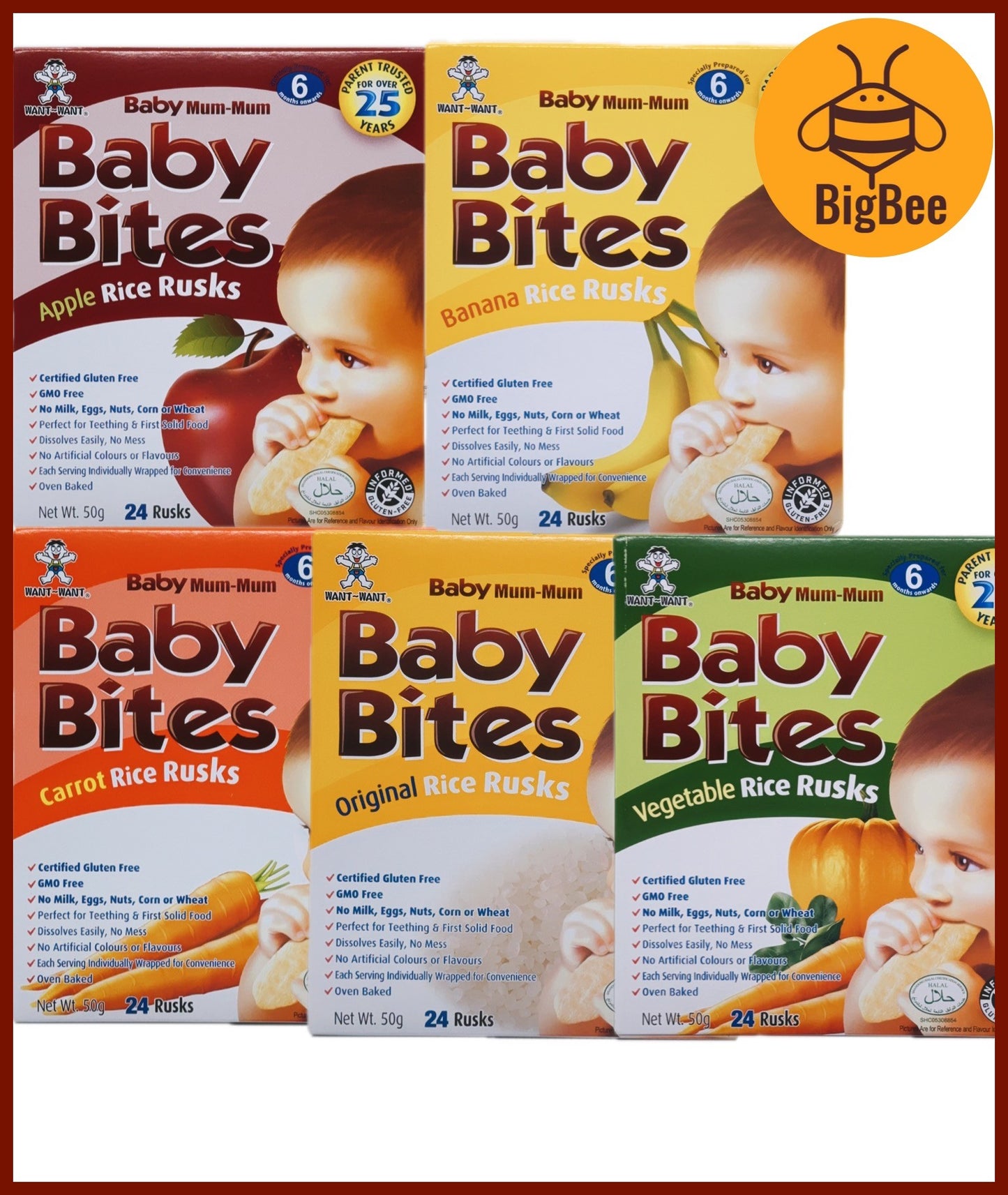 Baby Bites Rice Rusks - 50g/box (Halal) Original, Apple, Banana, Carrot, Vegetable, Baby Food, Want Want Baby Mum-Mum