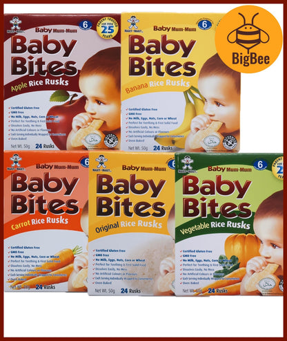 Baby Bites Rice Rusks - 50g/box (Halal) Original, Apple, Banana, Carrot, Vegetable, Baby Food, Want Want Baby Mum-Mum