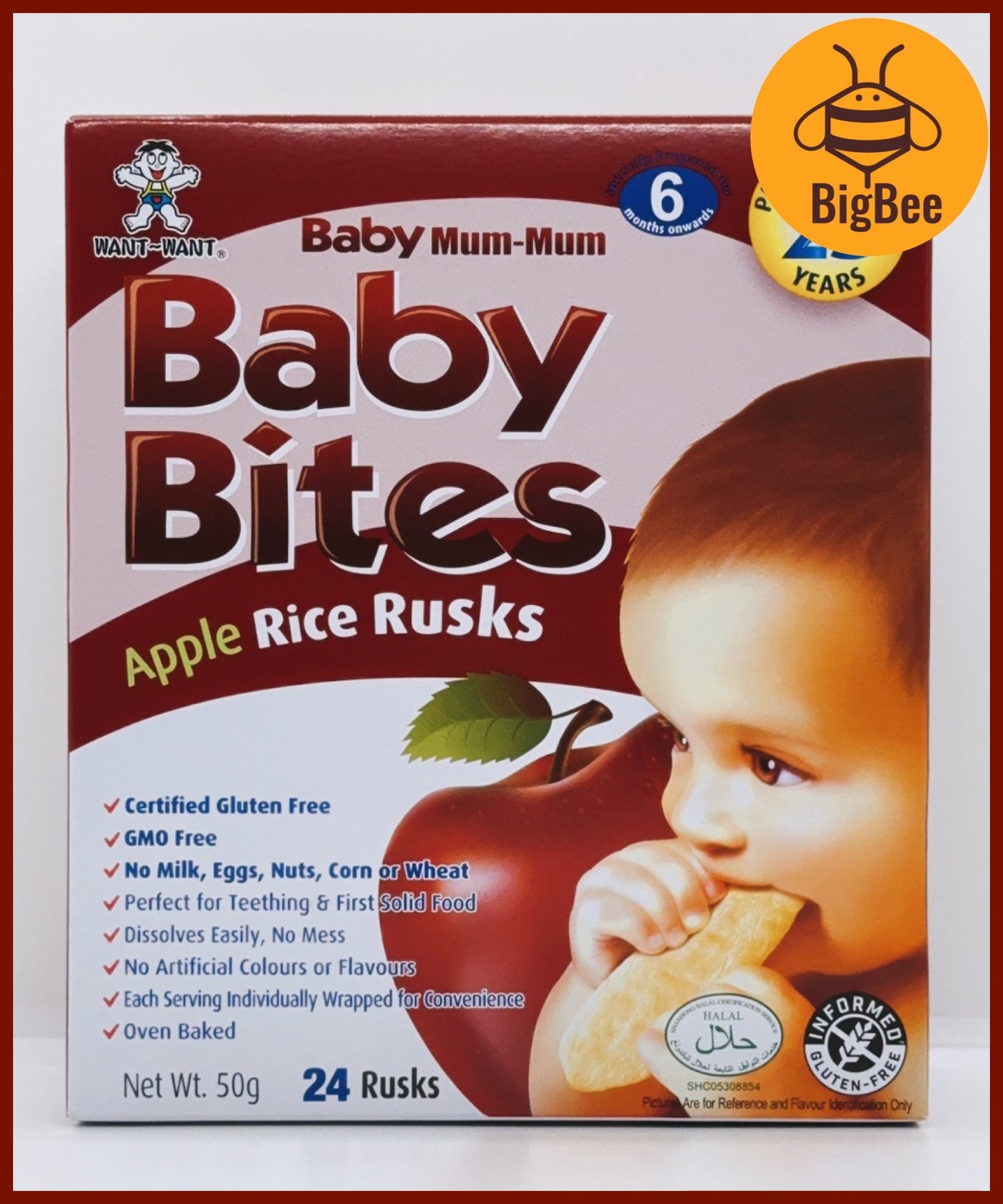 Baby Bites Rice Rusks - 50g/box (Halal) Original, Apple, Banana, Carrot, Vegetable, Baby Food, Want Want Baby Mum-Mum