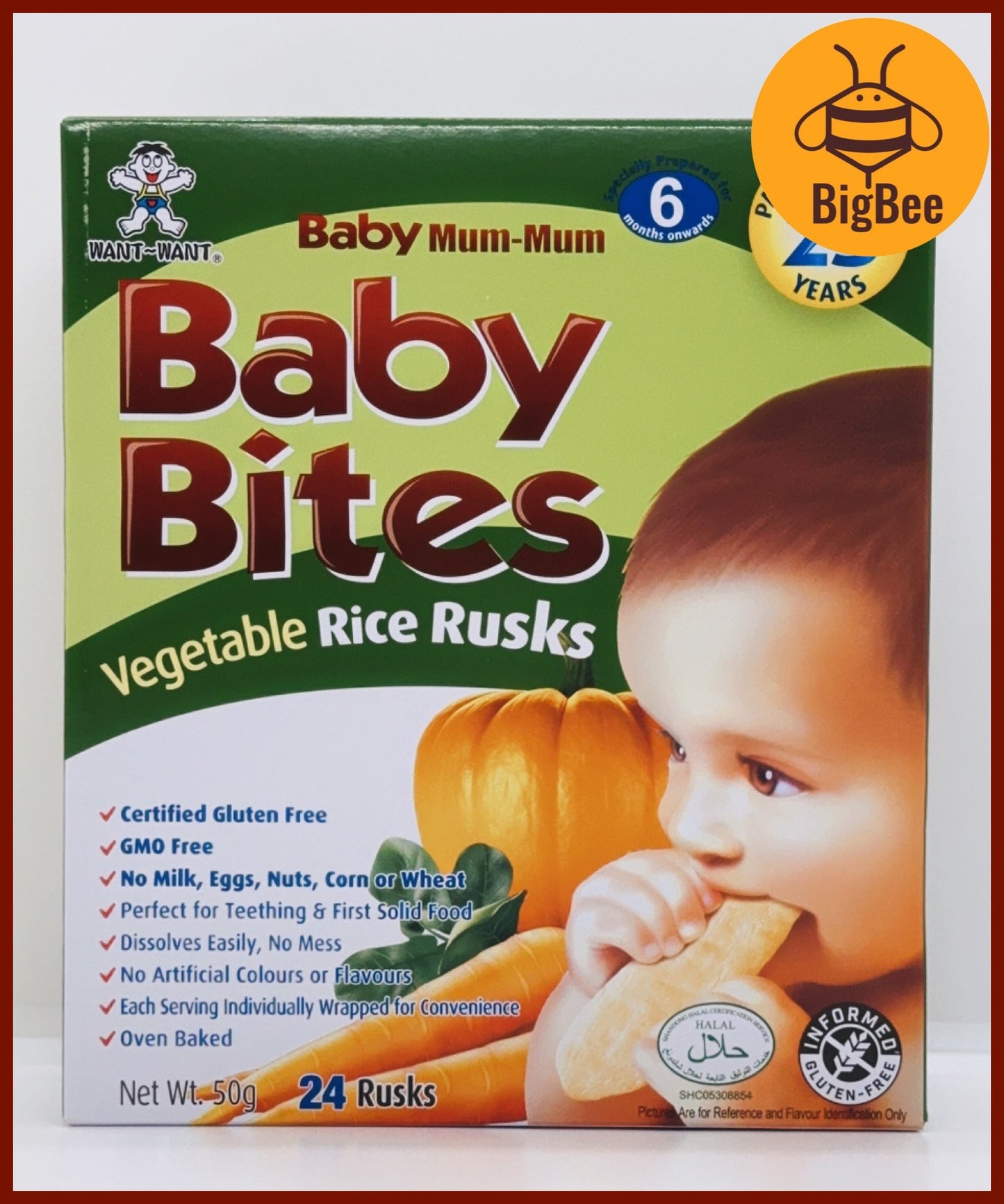 Baby Bites Rice Rusks - 50g/box (Halal) Original, Apple, Banana, Carrot, Vegetable, Baby Food, Want Want Baby Mum-Mum