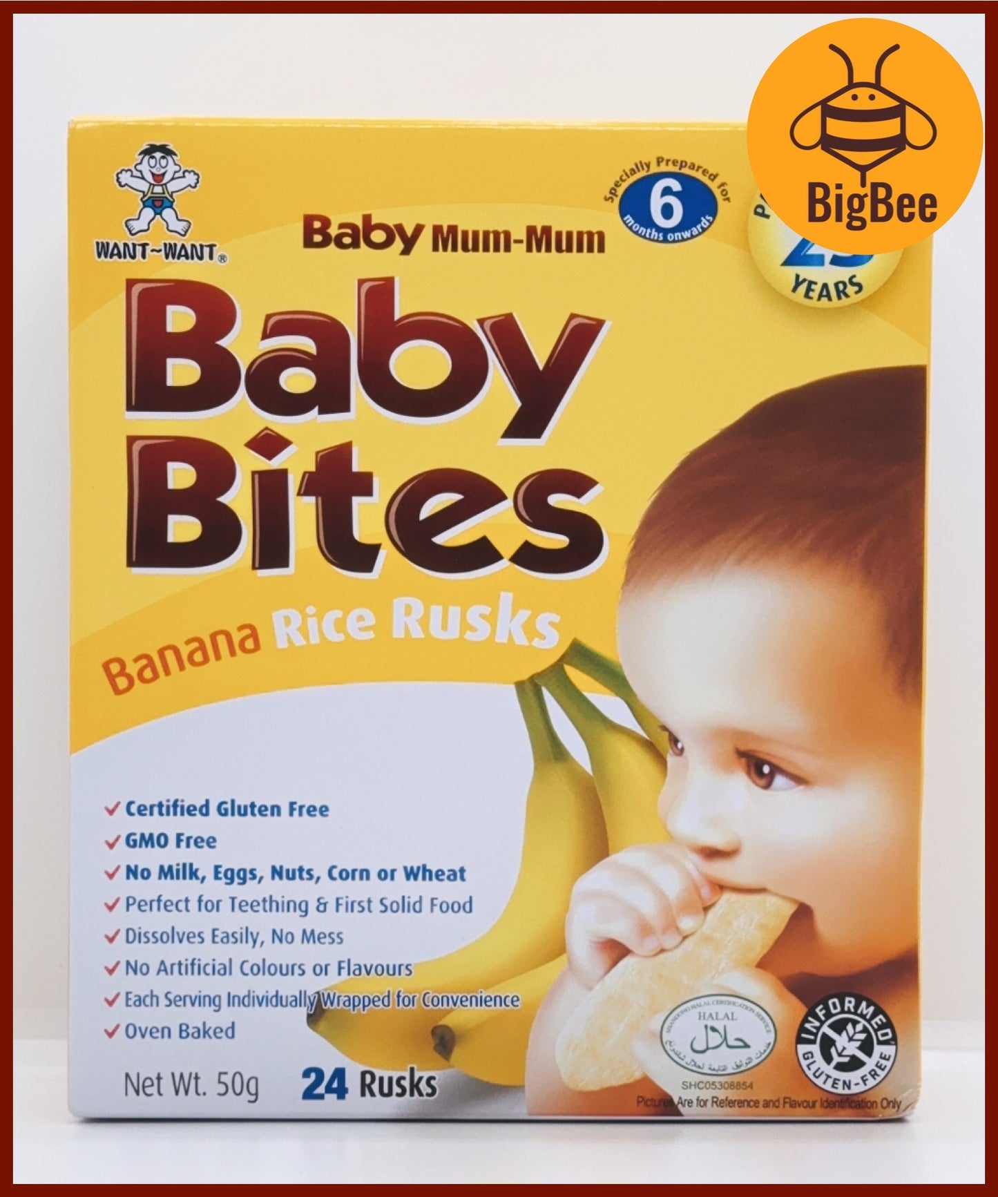 Baby Bites Rice Rusks - 50g/box Banana (Halal) Baby Snack Teething Biscuit, Want Want Baby Mum-Mum