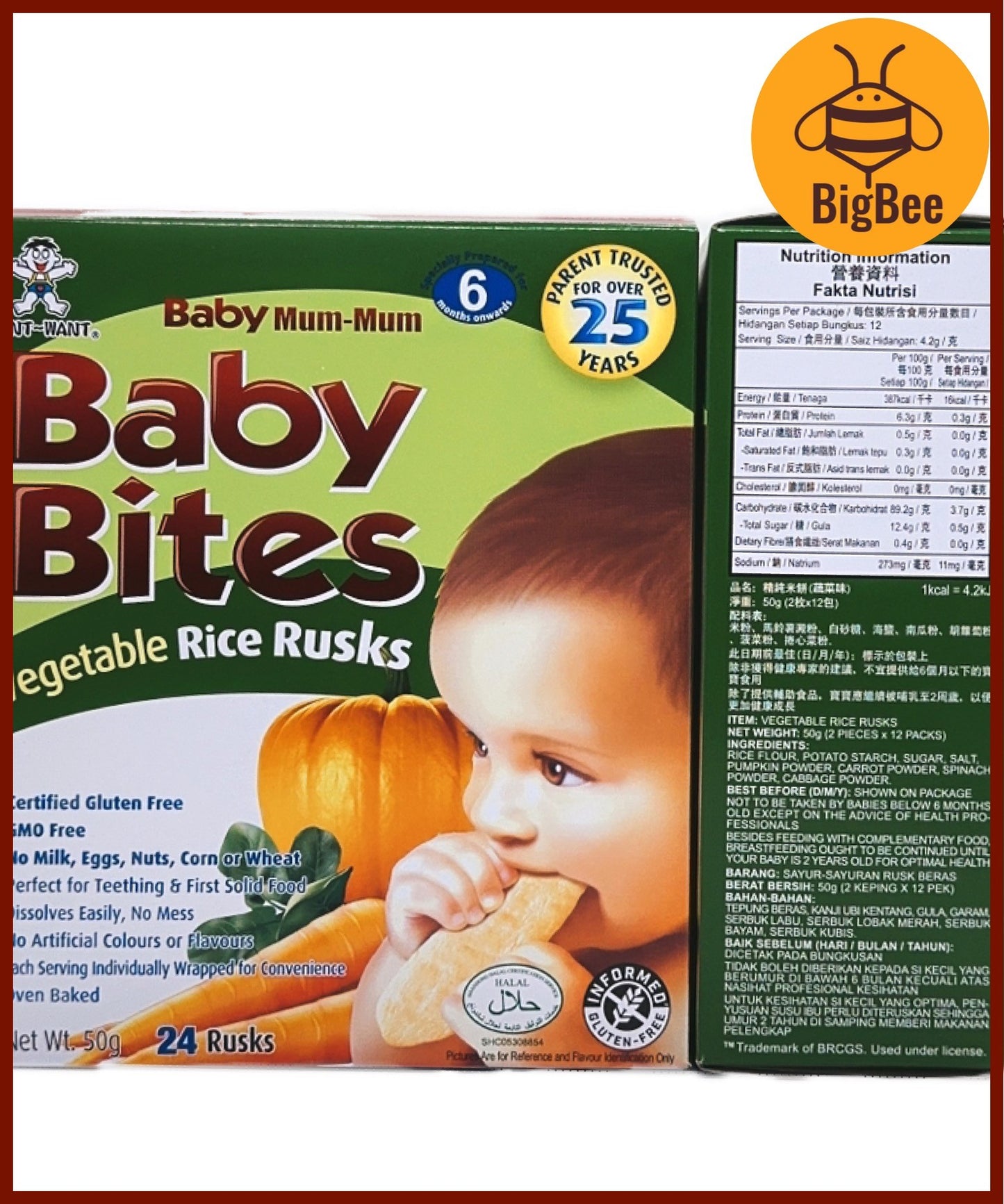 Baby Bites Rice Rusks - 50g/box Vegetable (Halal) Baby Snack Teething Biscuit, Want Want Baby Mum-Mum