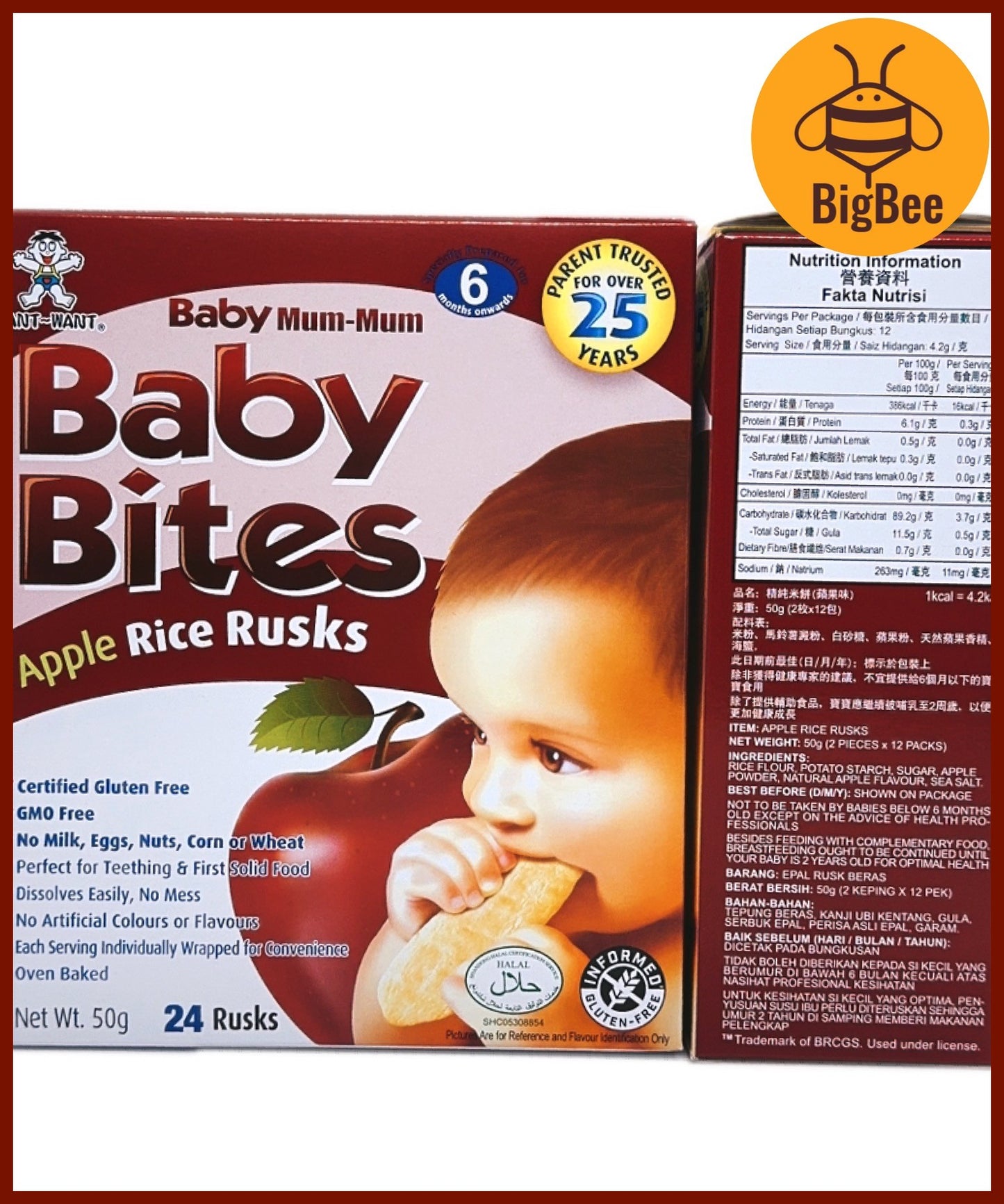 Baby Bites Rice Rusks - 50g/box (Halal) Original, Apple, Banana, Carrot, Vegetable, Baby Food, Want Want Baby Mum-Mum