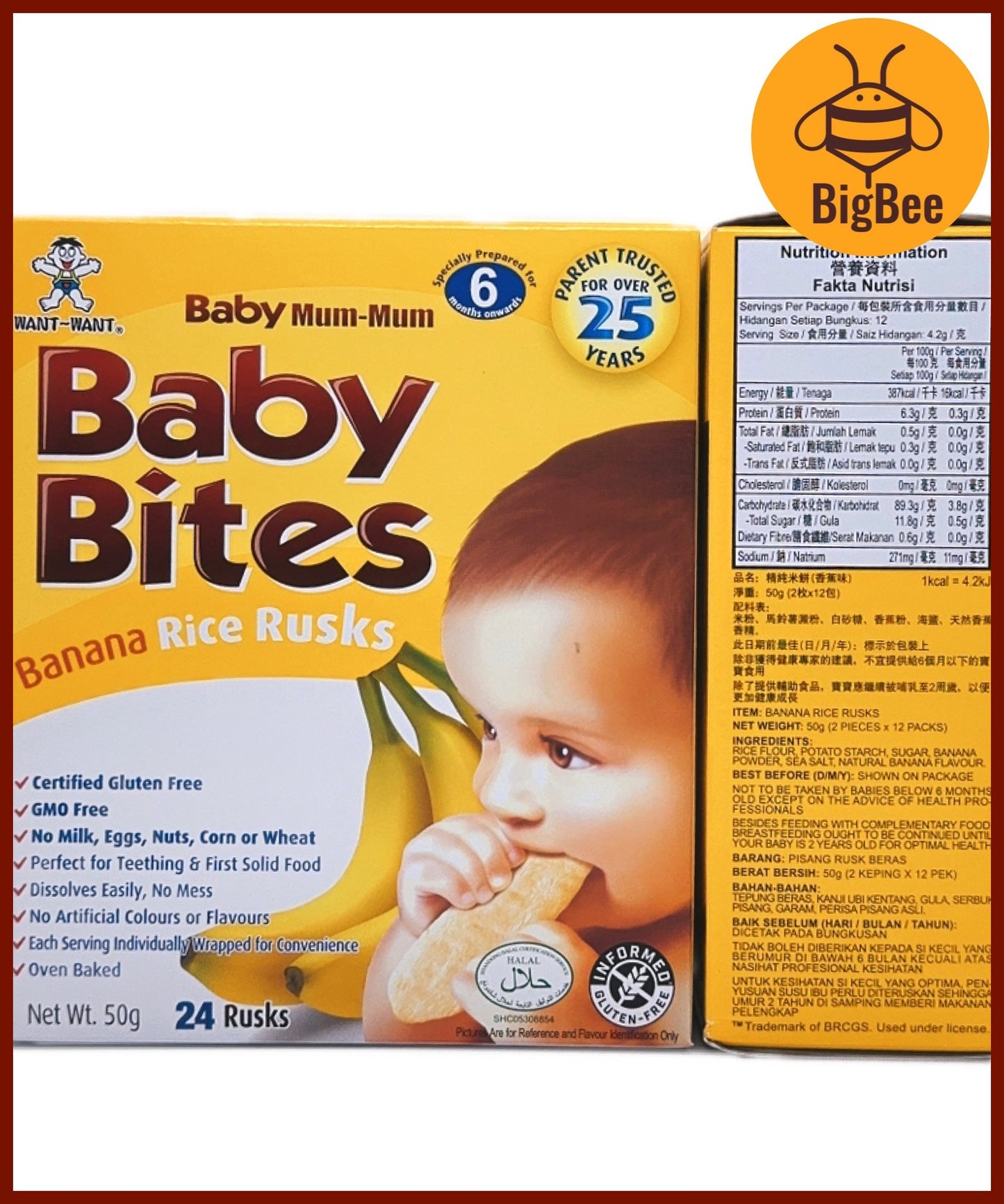 Baby Bites Rice Rusks - 50g/box (Halal) Original, Apple, Banana, Carrot, Vegetable, Baby Food, Want Want Baby Mum-Mum