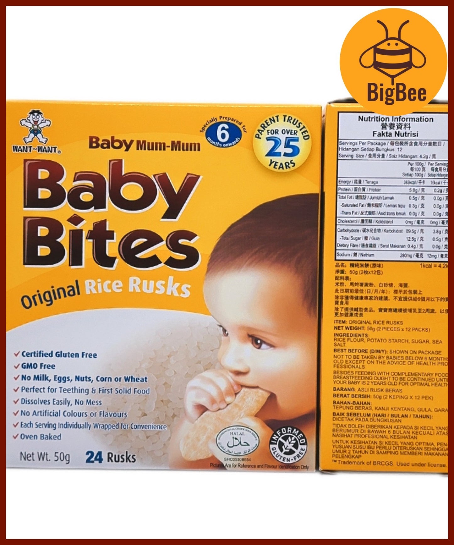 Baby Bites Rice Rusks - 50g/box (Halal) Original, Apple, Banana, Carrot, Vegetable, Baby Food, Want Want Baby Mum-Mum