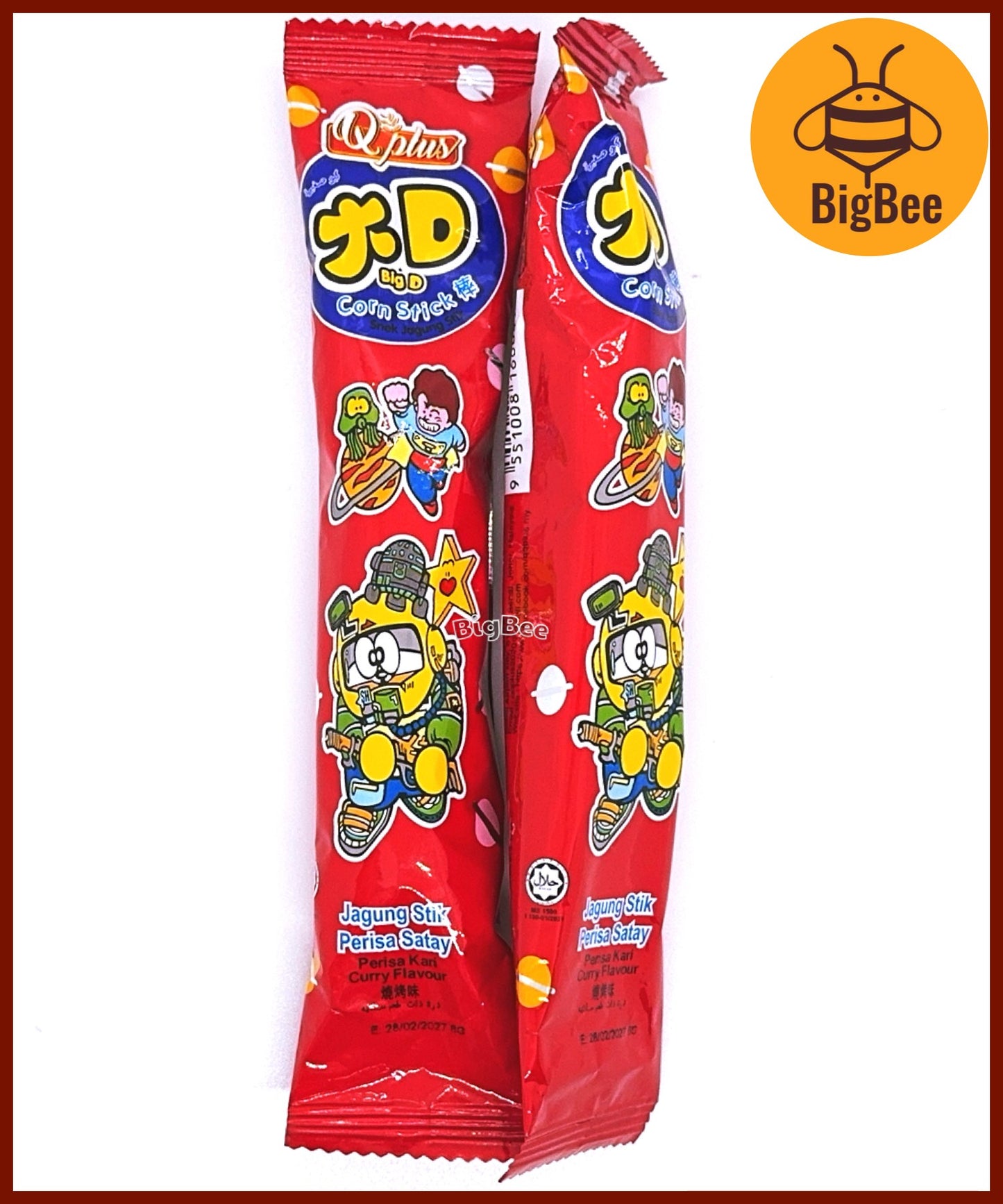 Q Plus Big D Corn Stick - 6g x 20pkts (Halal) Jagung Stik Perisa Satay Kari Curry Flavour BBQ Taste 大D棒 Corn Snack Old School Chips