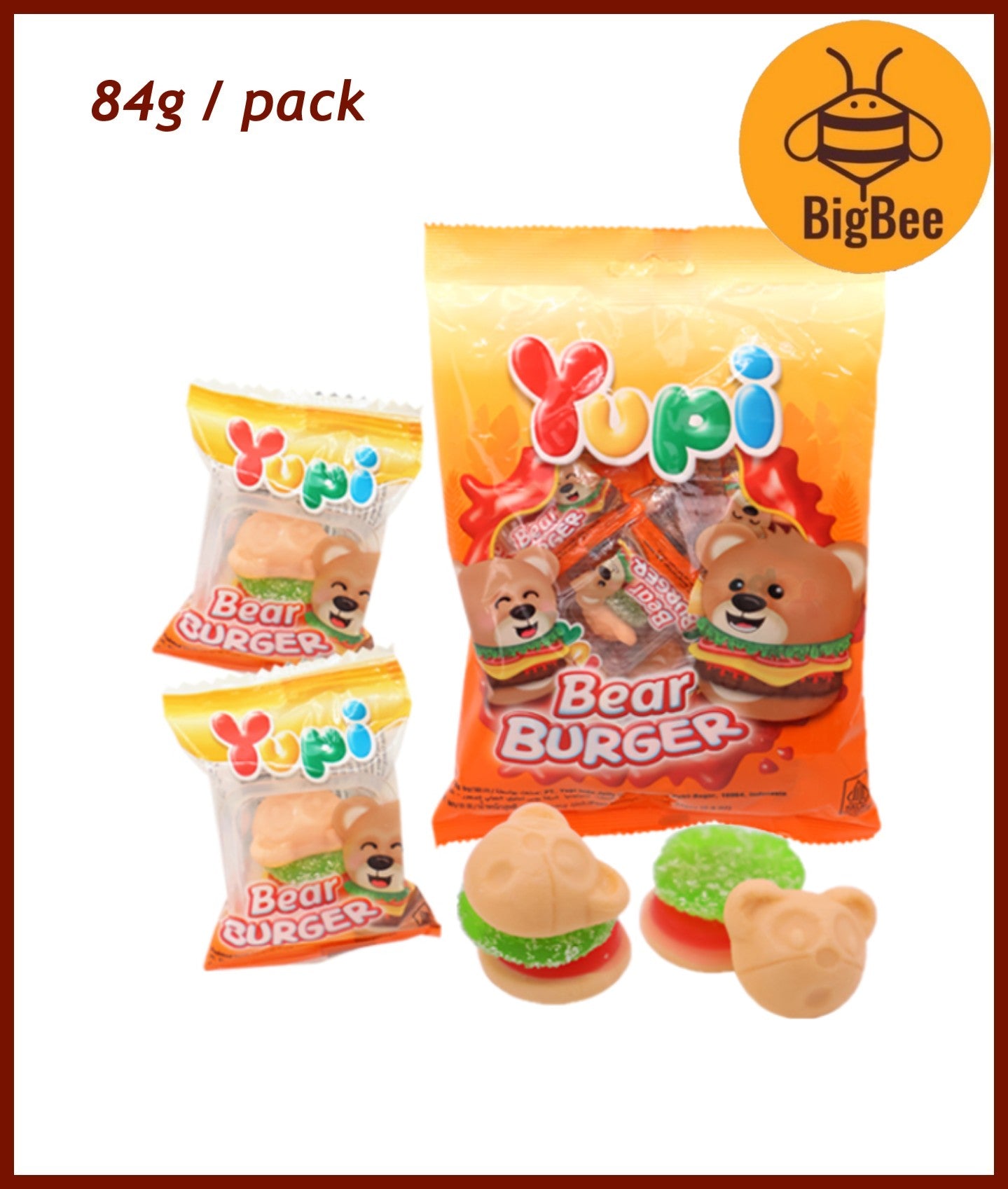 Yupi Gummy - 65g-120g Pizza/Baby Bear/Iced Cola/Neon Stix/Apple Ring/Strawberry Kiss/Fruity Puff/Burgers/Fun Gum/Hot Dog