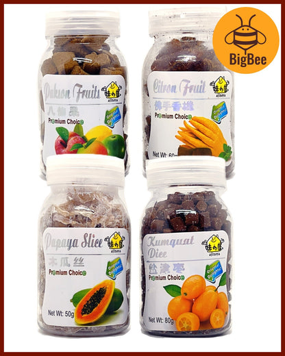 Ajinoya Preserved Fruit-Citron Fruits(60g) / Pakson Fruits(80g) / Papaya Slice(50g) / Kumquat Dice(80g) 佛手香櫞/八仙果/木瓜丝/盐金枣