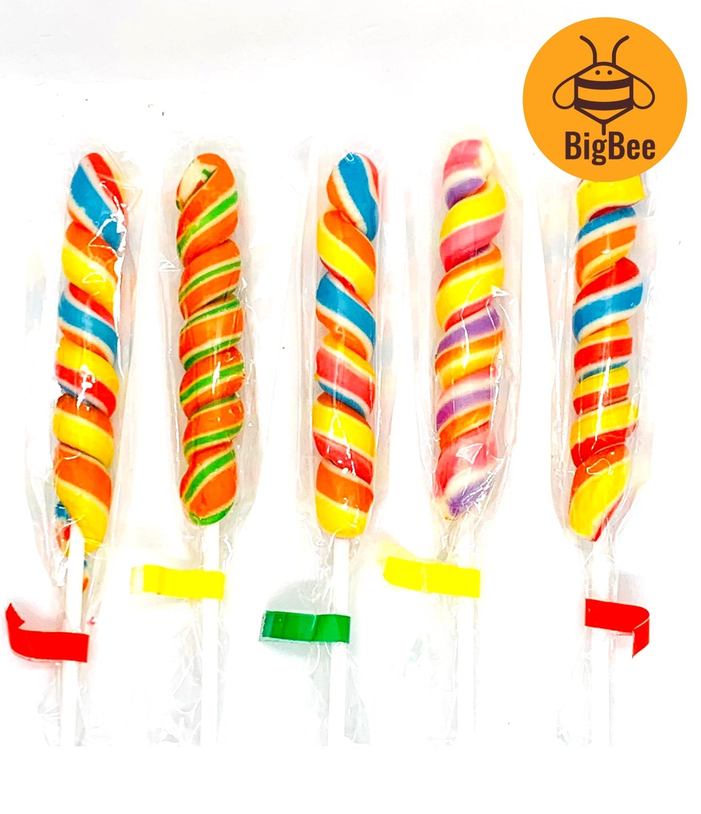 Colorful striped lollipops with BigBee logo on a white background