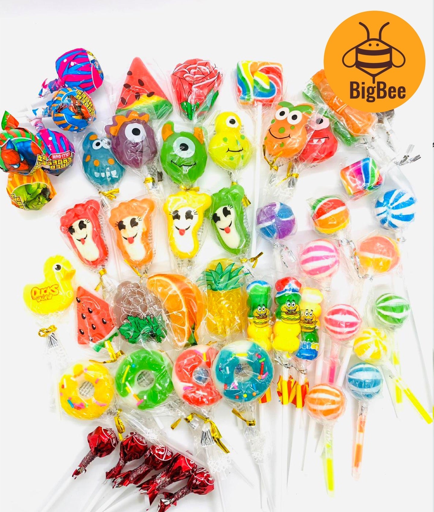 Assorted colorful lollipops with cartoon faces on a white background, featuring the BigBee brand logo.