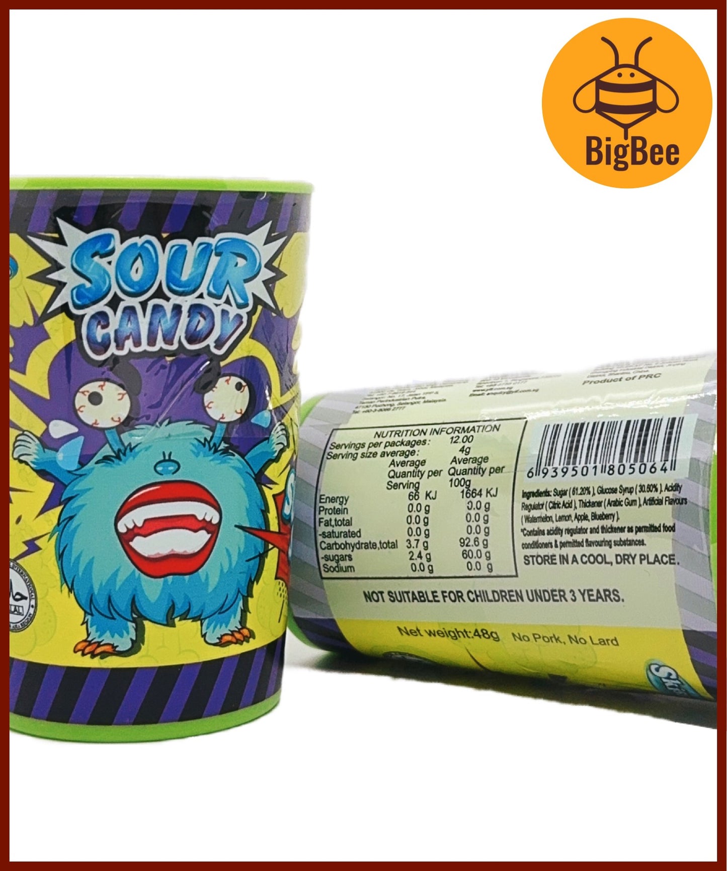 Skisser Brain Shock Sour Candy - 48g Super Sour Candy (Halal) Watermelon, Lemon, Apple, Blueberry Fruit Flavor