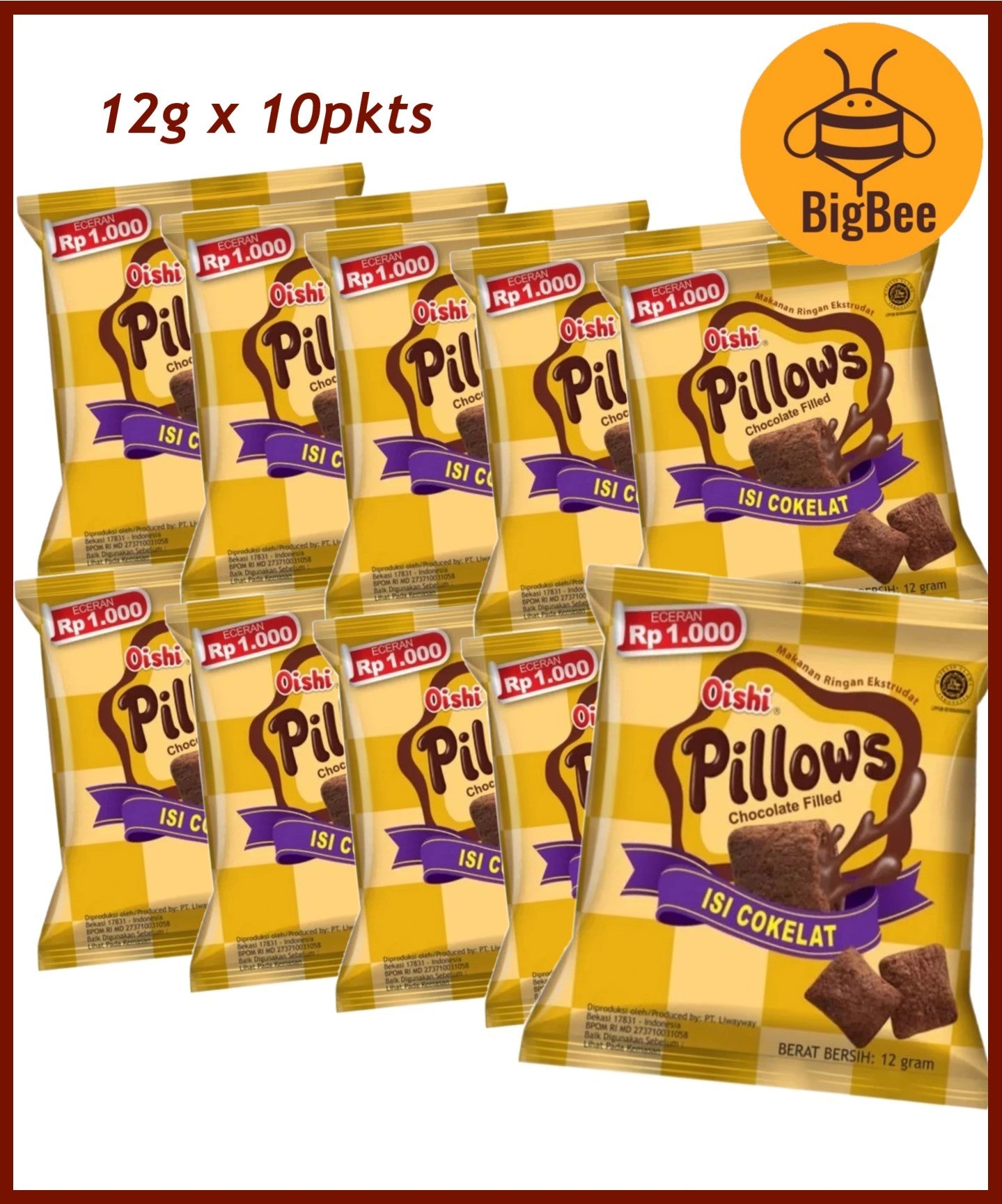 Oishi Pillows Chocolate Filled Crackers - 100g/pack Party Size, 6gx10pkts, 6gx20pkts, 12gx10pkts Family Packs (Halal)
