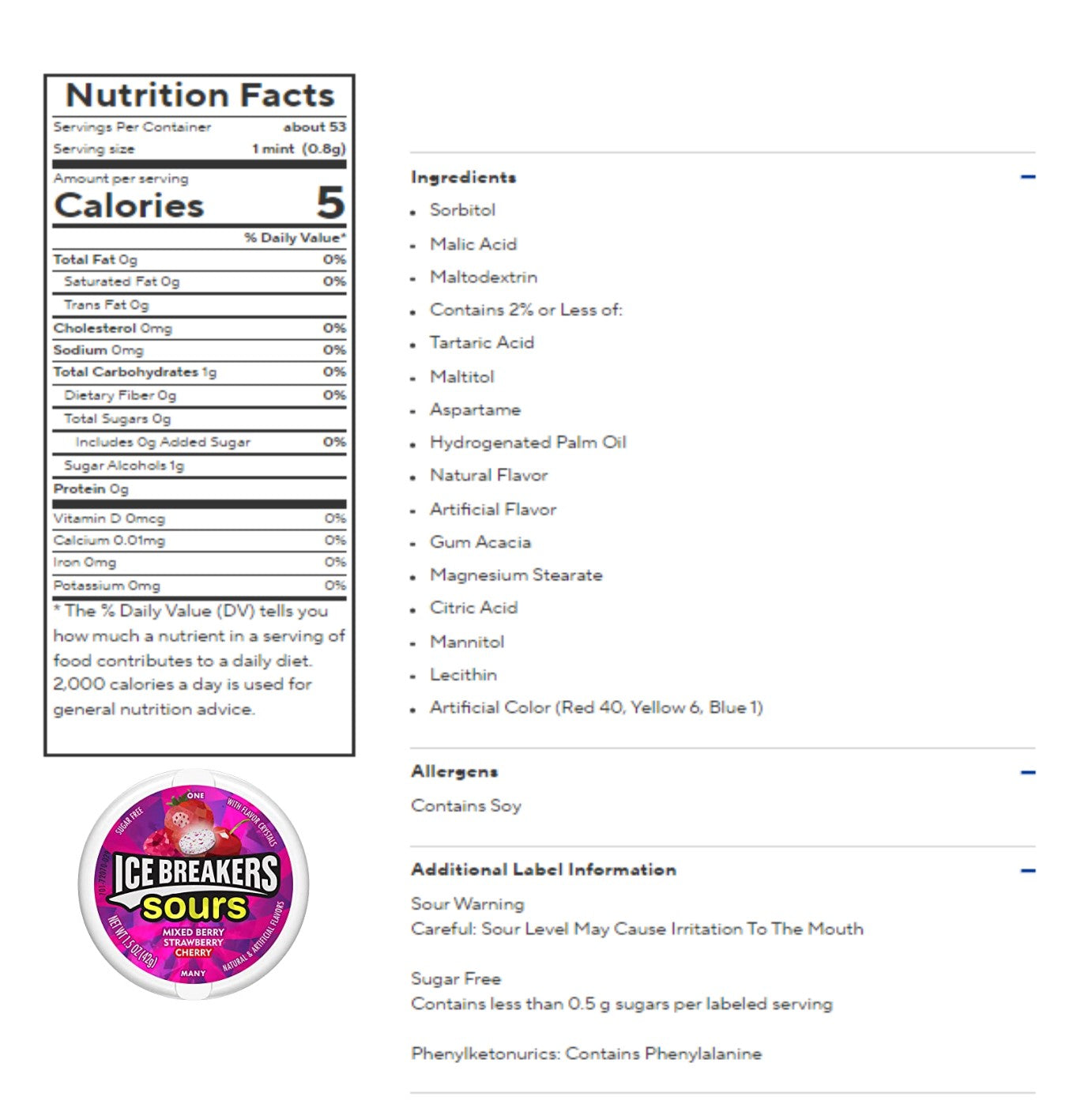 Ice Breakers Mints Candy - 36g / 42g Sugar Free with Flavor Crystals / Duo Cooling Crystals Sours Fruits Sours Berry