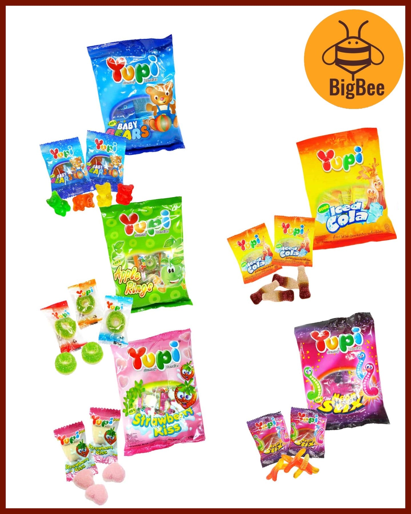Yupi Gummy - 65g-120g Pizza/Baby Bear/Iced Cola/Neon Stix/Apple Ring/Strawberry Kiss/Fruity Puff/Burgers/Fun Gum/Hot Dog