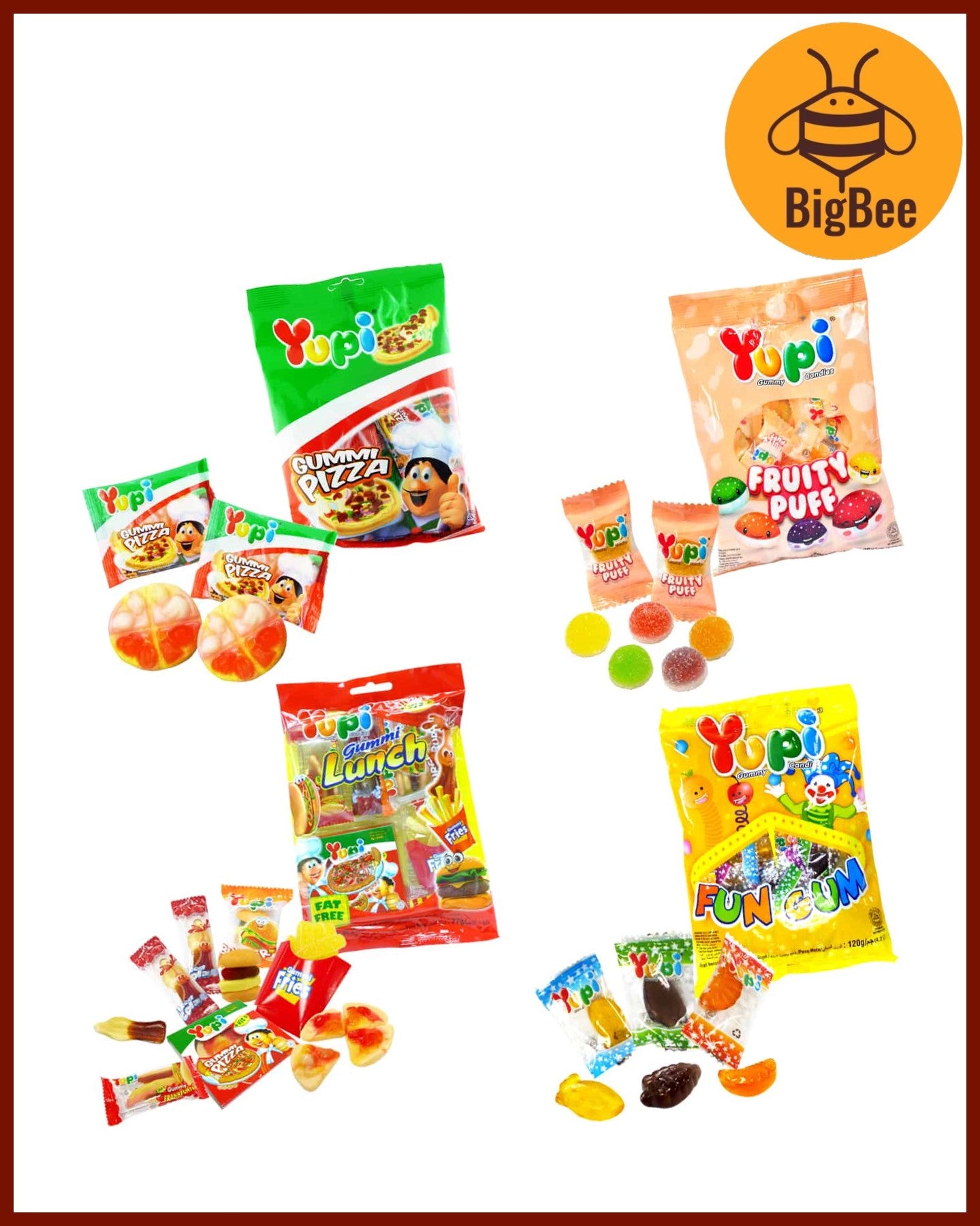 Yupi Gummy - 65g-120g Pizza/Baby Bear/Iced Cola/Neon Stix/Apple Ring/Strawberry Kiss/Fruity Puff/Burgers/Fun Gum/Hot Dog